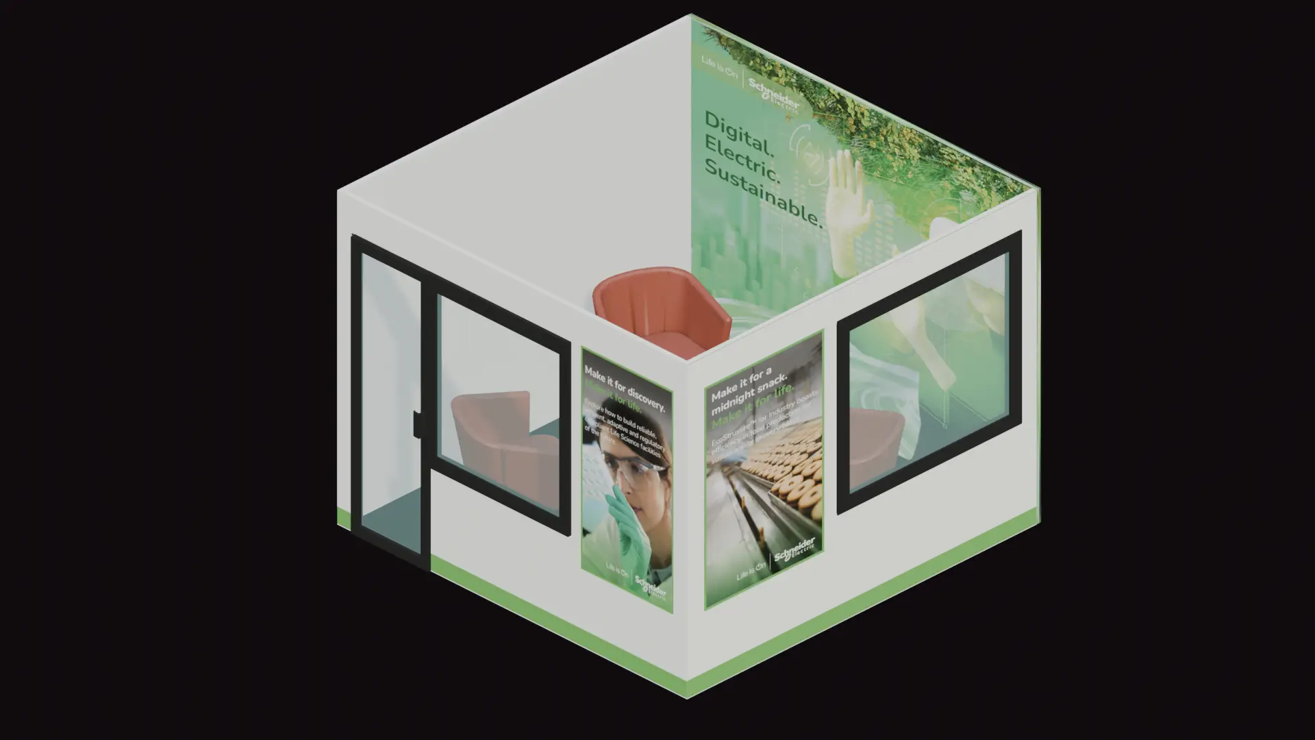 3D view of the lab's meeting room showing vinyl graphics across multiple walls